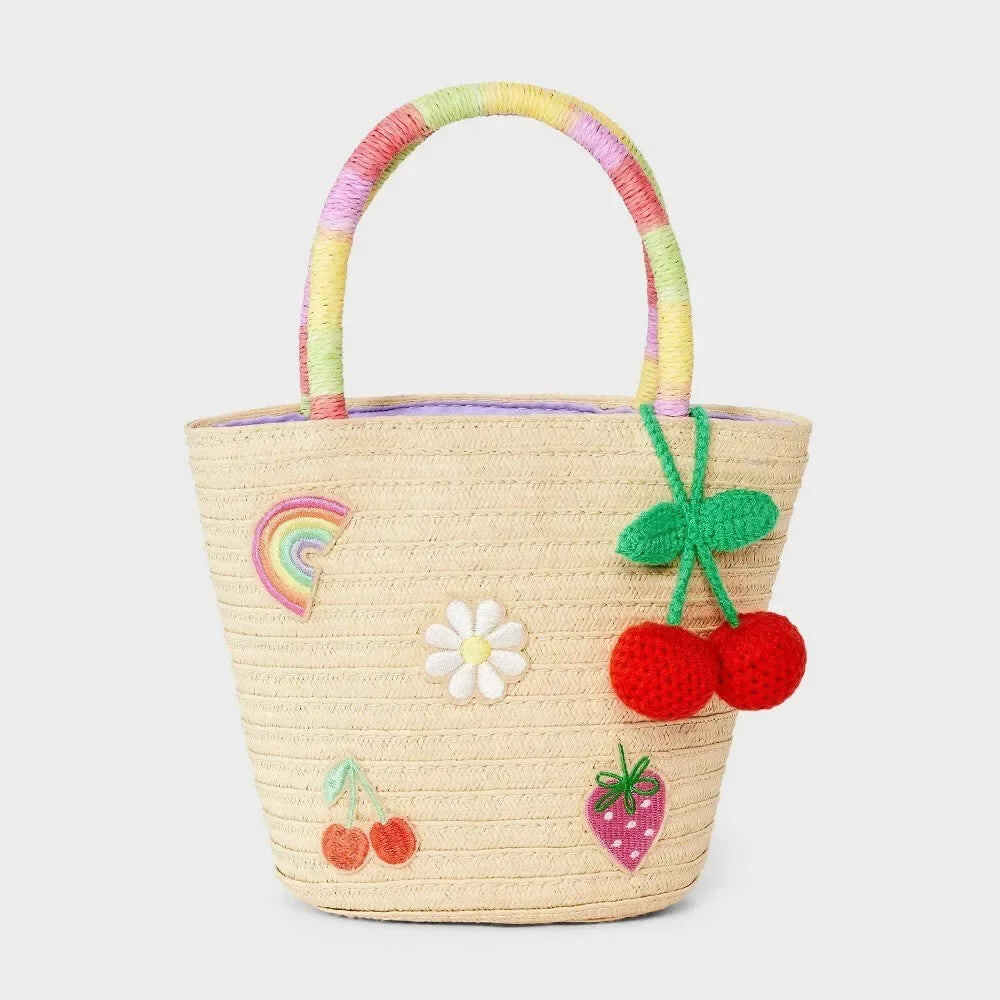 Cat & Jack™ Girls' Paper Straw Tote Handbag Double Handle, Fruit & Rainbow Patt